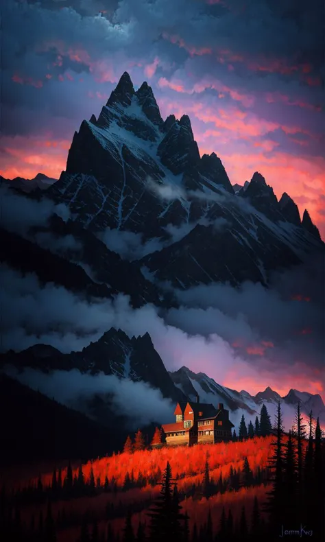 a painting of a mountain with a house in the foreground