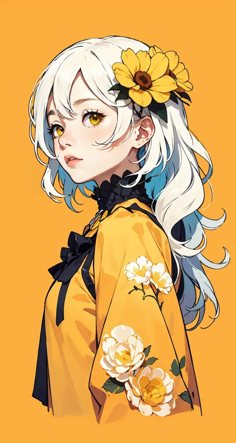 (intricate detail, beautiful:1.2), punk girl, solo, flower, red eyes, white hair, red flower, hair flower, white flower, hair ornament, from side, simple background, upper body, sideways glance, expressionless, (vibrant yellow theme:1.3), looking to the side, wavy hair
<lora:smol02:0.4> <lora:Dreamwave v3:0.5>