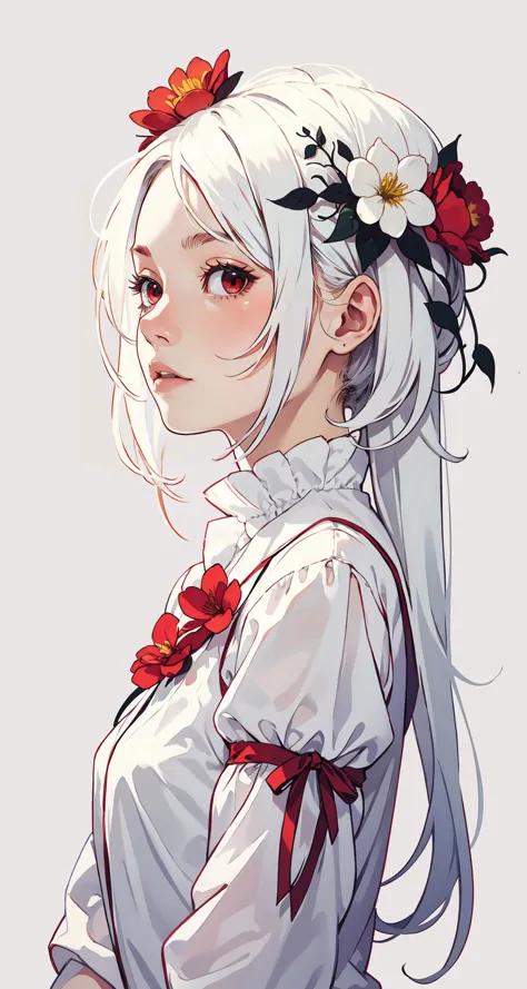 anime girl with white hair and flowers in her hair