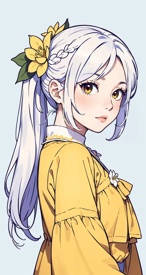 (intricate detail, beautiful:1.2), thief girl, solo, flower, red eyes, white hair, red flower, hair flower, white flower, hair ornament, from side, simple background, upper body, sideways glance, expressionless, (pastel yellow theme:1.3), looking to the side, ponytail
<lora:smol02:0.4>