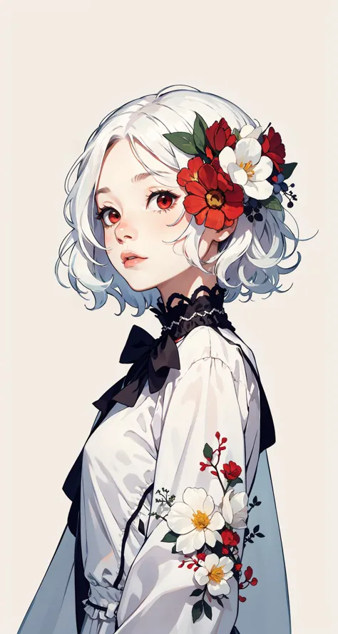 a woman with white hair and flowers in her hair