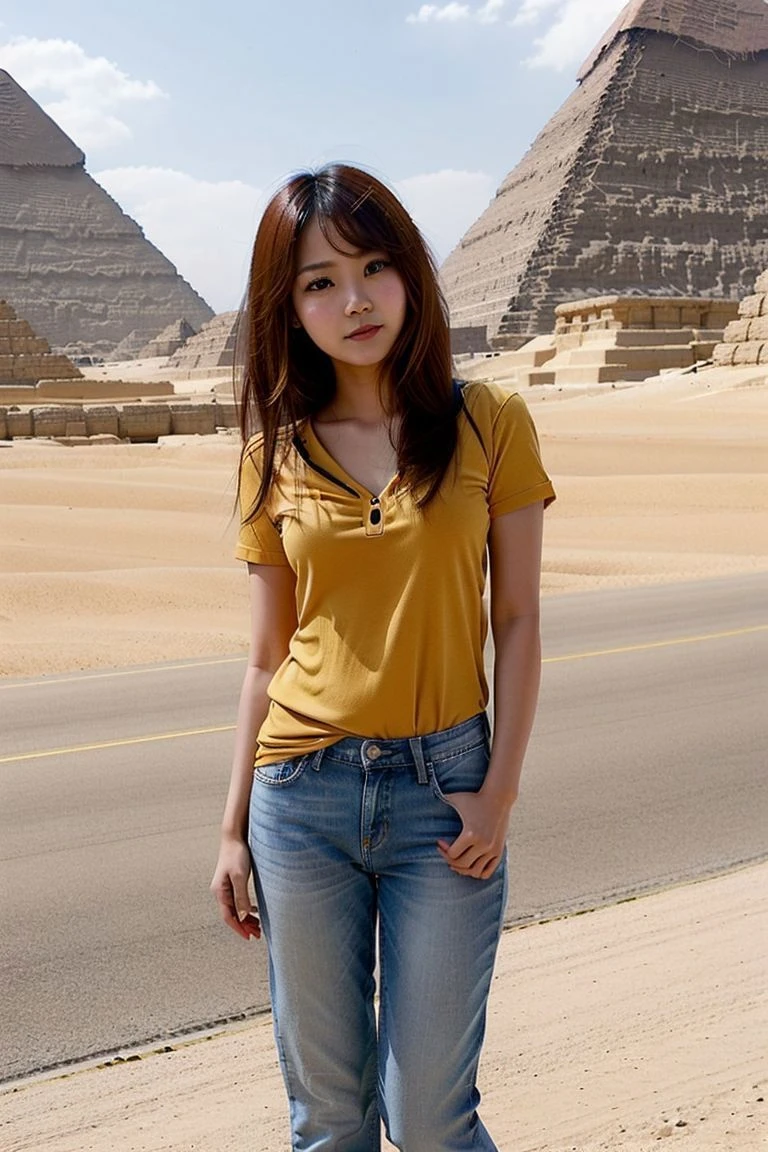 full_body, standing, sandals, shirt, jeans, (egyptian pyramids), (winnie0620: 1.3), perfect face, (contact iris: 1.1), pale skin, skin pores , depth of field