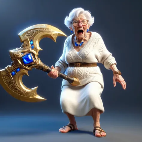 masterpiece, tiny grandma in white sweater and sandals, screaming, very old person, wrinkly skin , short, unreal engine 5, octan...