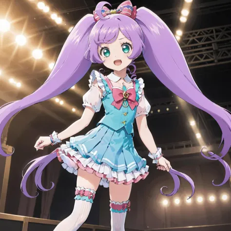 masterpiece, extremely detailed background, 1girl, solo, very long hair, twintails, on the stage, classic outfit, singing, Manaka Laala, smile, miniskirt, thighhighs,