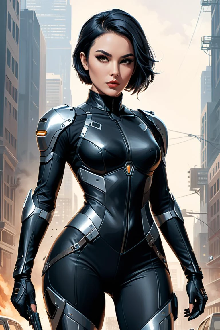 intricate lineart illustration of a gorgeous female (Dressed in a sleek, form-fitting tech-enhanced suit with concealed gadgets and weapons, the rogue is ready for any challenge) (A sly and cunning demeanor masks her fierce independence, as she navigates the near-dystopian world with wit and resourcefulness) (With piercing eyes that betray her street-smart nature, she sports short-cropped hair and a collection of mysterious tattoos, embodying a captivating mix of danger and allure), cinematic composition, 8k, smooth, sharp focus, (by Artist Edith Head:2),(American Scene Painting:2)
