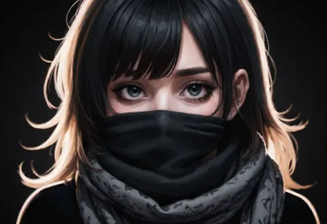 shadow covering half the face, emogirl, bangs, black, black background, scarf over mouth, realistic