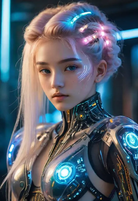 18 years old, wearing transparent science fiction clothes, exquisite face, details, hands, ultimate details, breathtaking grandeur, LED internal lighting, cyberpunk style, fibre optic hair