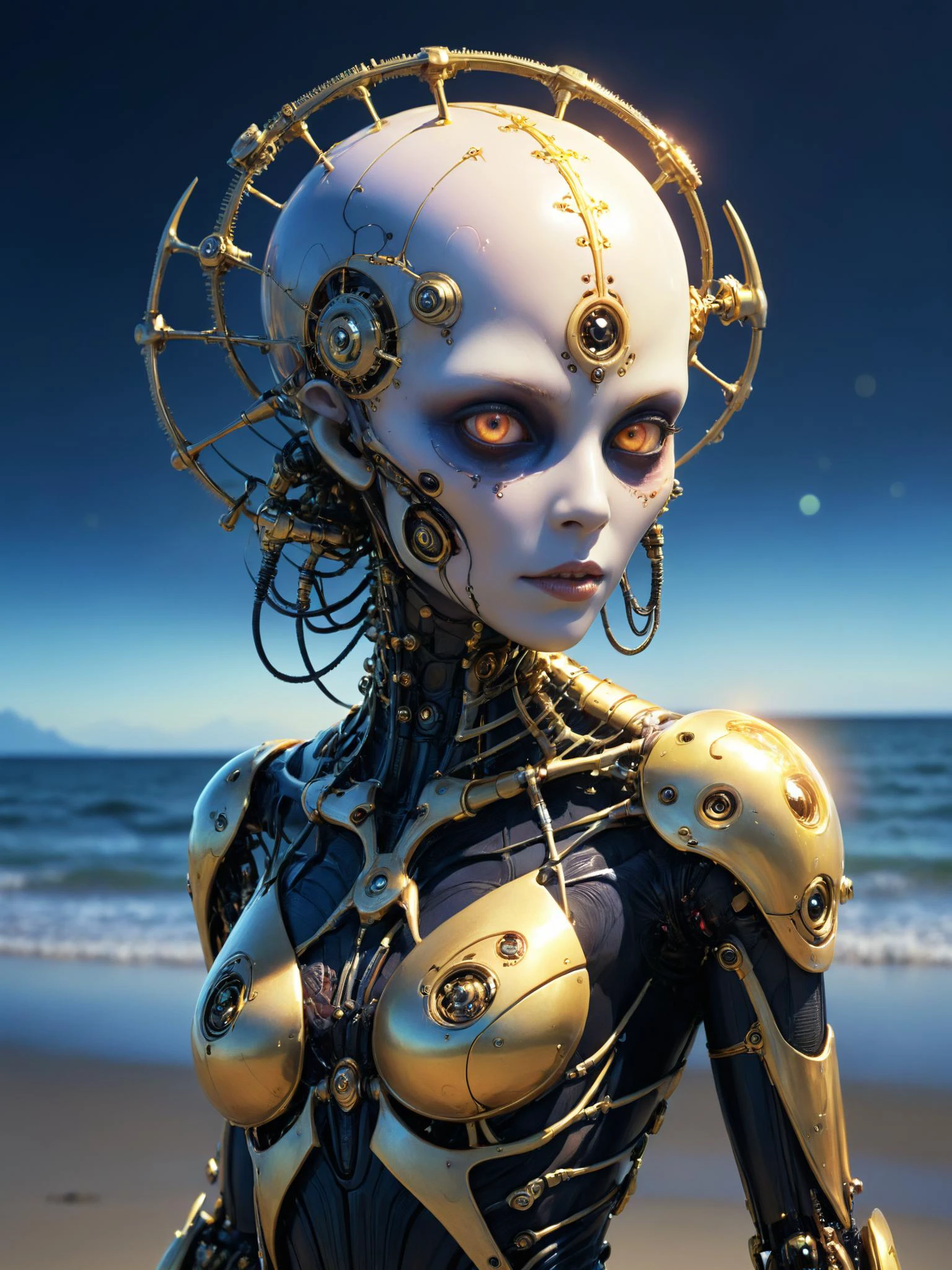 imaginary professional 3d rendering of a humanid alien race, delicate face, skin is made of spider web and futuristic gears nuts and bolts, multicolor circuit lights are shinning under the skin, standing on a beach in moonlight, 8k (by Artist Mort Kunstler:2),(by Artist Stephan MartiniÃ¨re:2),(by Artist Julian Onderdonk:2),(Abstract Illusionism:2),(SÅsaku Hanga:2)