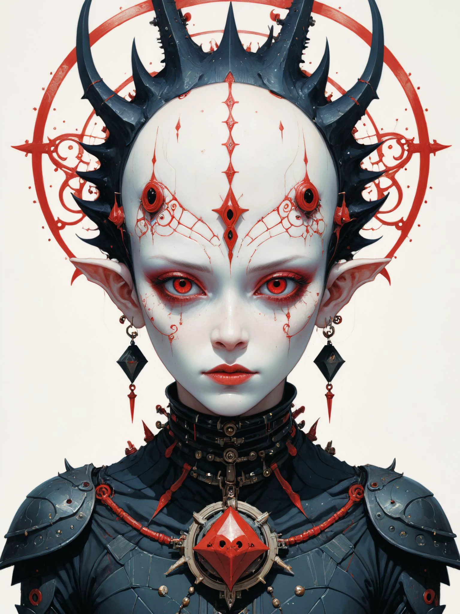 imaginary professional 3d rendering of a humanid alien race, delicate face, chalk white skin tattooed with occult esoteric symbols in bloodred ink, rings, spikes and rivets pierce the skin, the devilish eyes exsueds power and dominance, 8k, (by Artist Victo Ngai:2),(by Artist Yoji Shinkawa:2),(by Artist Ted Nasmith:2),(Queercore Art:2),(Tonalism:2)