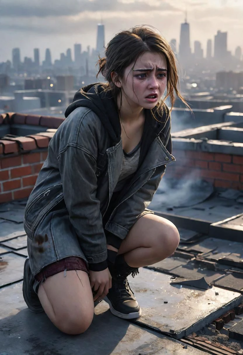 full figure, 18 years old, girl, on rooftop, (crying),screaming, crouched on the ground, terrified, alone, scared, torn clothes, realistic, highly detailed, intricately detailed, dystopian cityscape, foggy, (bokeh:0.6), sharp focus, dappled lighting, (backlighting:0.7)