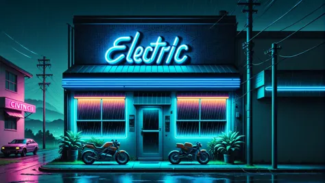 (text logo, CIVIT AI, blue, 80s, neon, ), text logo, neon sign, neon sign with text in window, Modern style architecture, blue theme, minimalistic, rain, utility pole, motorcycle, no humans, ground vehicle, plant, scenery, road, building, window, dusk, night sky, high detailed, outrun, electric light wires, wallpaper fusion, Wave Art Style, outdoors, power lines, <lora:WallpaperFusionXL:0.3>, <lora:WaveArtXL:0.5>, <lora:Harrlogos_v1.1:1>