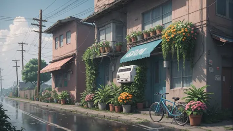 wallpaper fusion, masterpiece, official art, Wave Art Style, (masterpiece, best quality, ultra-detailed, highres), bicycle, no humans, outdoors, power lines, rain, utility pole, ground vehicle, plant, scenery, road, street, house, building, potted plant, sign, window, flower, air conditioner, flower pot, sky, high detailed, 8k, outrun, electric light wires, ultra sharp, extremely detailed, Photorealistic, Canon EOS Mark IV , <lora:WallpaperFusionXL:0.3>, <lora:WaveArtXL:0.5>