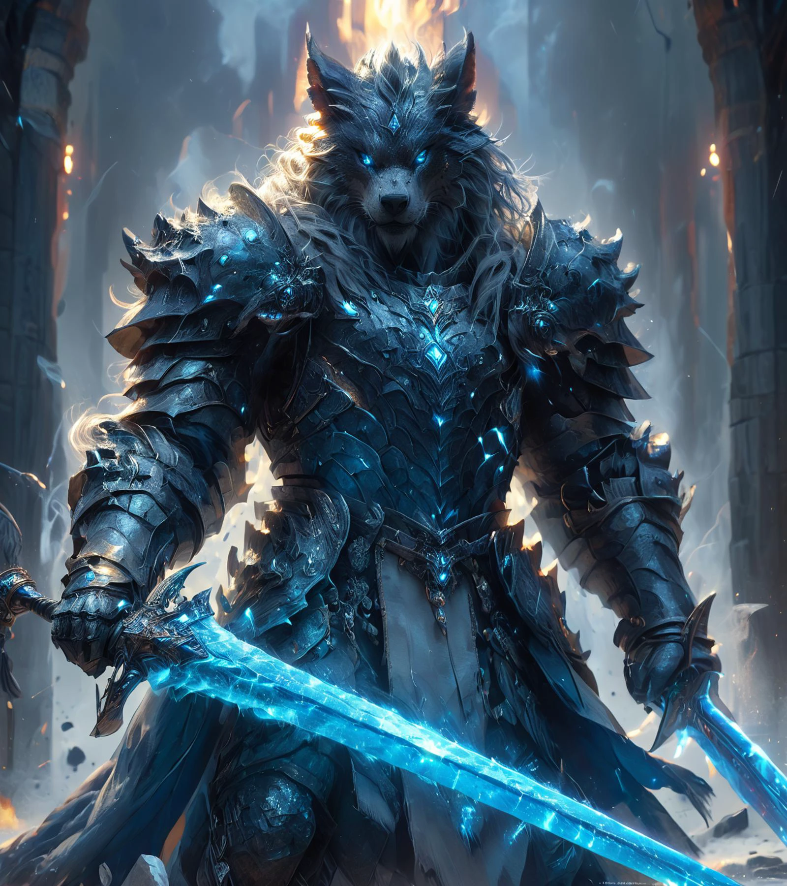 amazing fantasy cybernetic beast wolf warrior,black and blue,god,mayan style,detailed face,eldritch,beast,golem,insect,lich,dragon,elemental,fire,ice,wind,lightning,giant,katana,ObsidianPlatinum,Dual Swords,