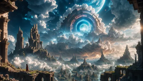 a view of a fantasy city with a giant blue ring in the sky