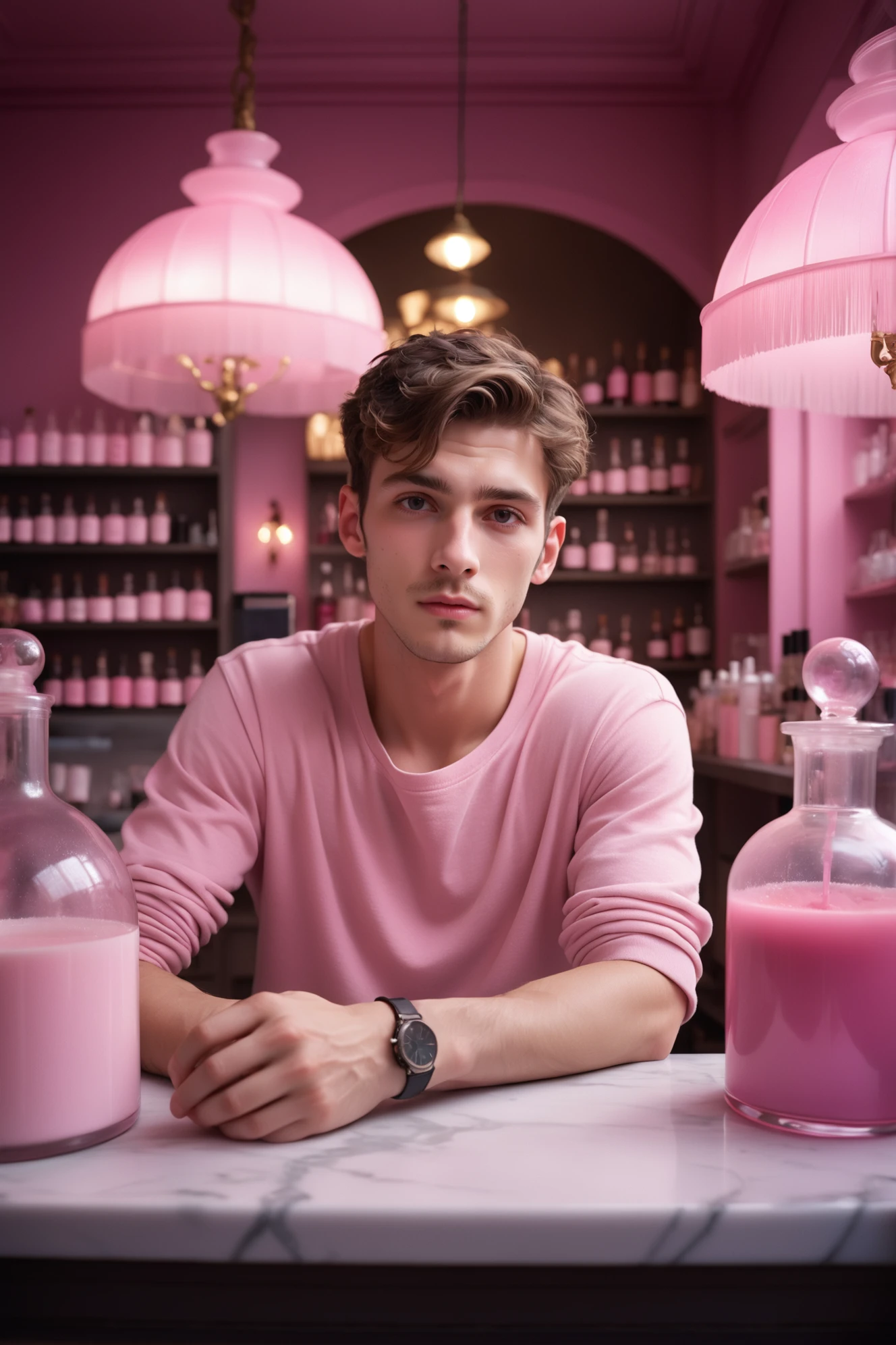 photograph, hyperrealism, cinematic color grading, 1boy, man, ruggedly handsome, well-lit interior, in a Pink Parisian potion shop