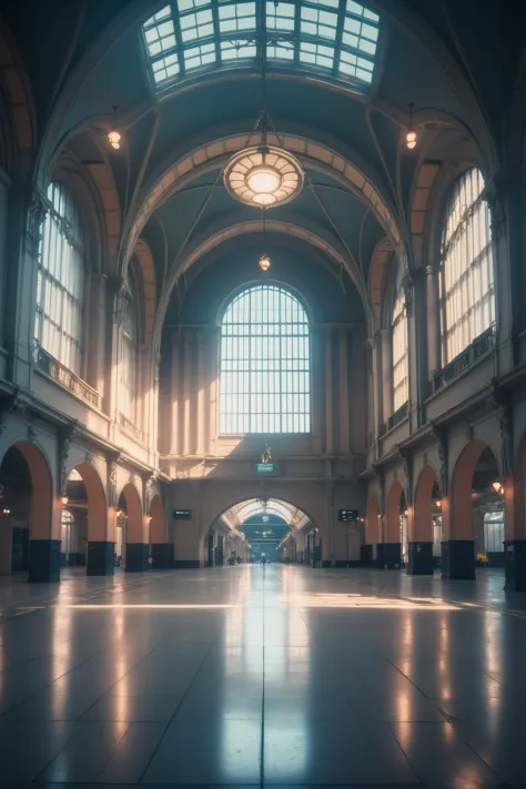 photograph, cinematic color grading, scifi, Historic train station concourse in a empty,Radiant fantasy metropolis at the beginn...