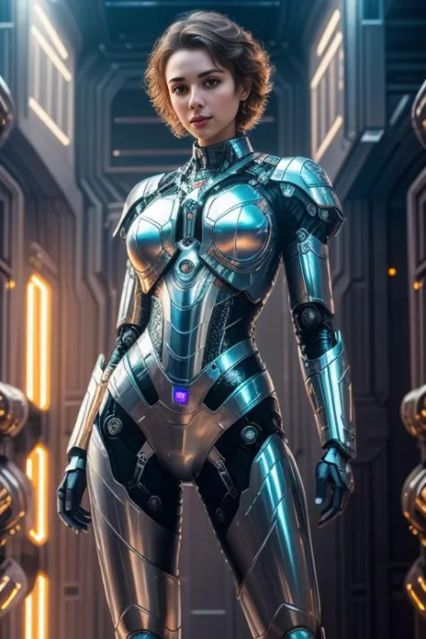 photorealistic, lean  20 y.o.  Russian woman (full body), (highly detailed spaceship | sci-fi) environment, (majestic epic composition | dynamic pose), wearing mecha,  mechanical parts,robot joints,intricate mechanical bodysuit,mecha corset, (silver, short...