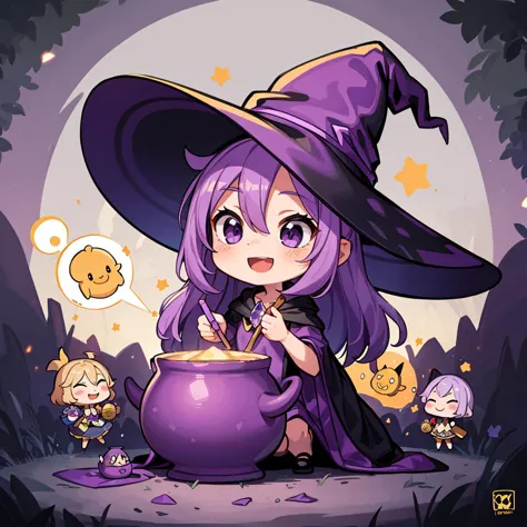 ((masterpiece, best quality)),
(chibi),witch, CAULDRON, cute, happy, vibrant, colorful, ((purple smokes and particles ):1.2), , ...