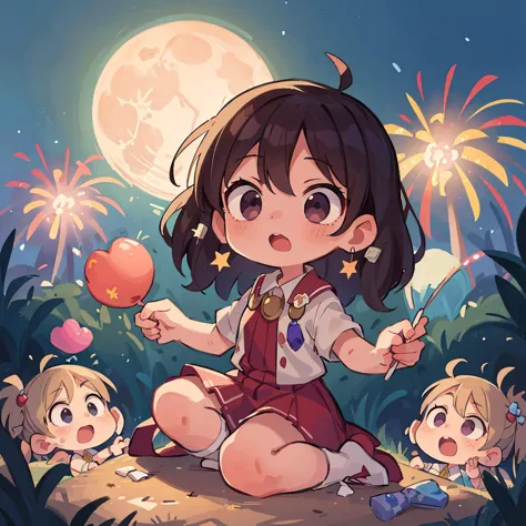 (best quality, masterpiece),  dramatic, 
multiple kids, chibi, moonlight, full moon on background, balloons, fireworks ,  <lora:...