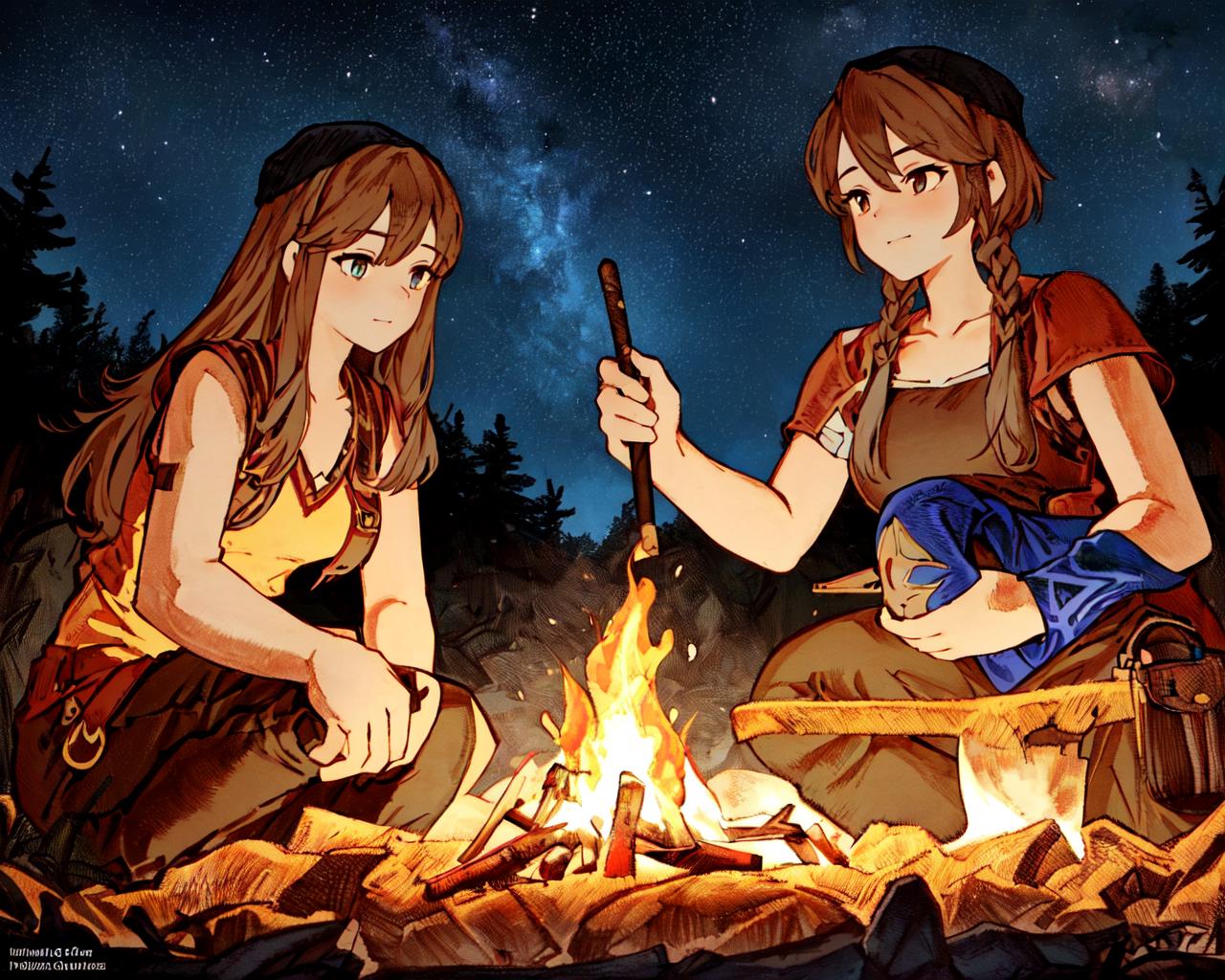 KREA - cute girls sitting around campfire at night, extremely detailed blue  eyes, full faces, anime, fantastic details, trending on artstation, pixiv,  hyperdetailed Unreal Engine 4k 8k ultra HD, Stanley Artgerm Lau,
