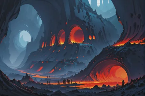 a painting of a cave with lava and lava formations