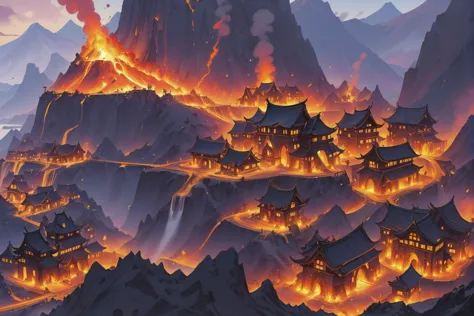 a painting of a mountain village with a fire in the sky