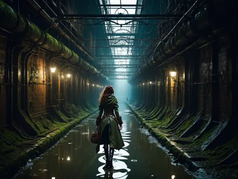 a woman walking down a dark alley with a bag in her hand