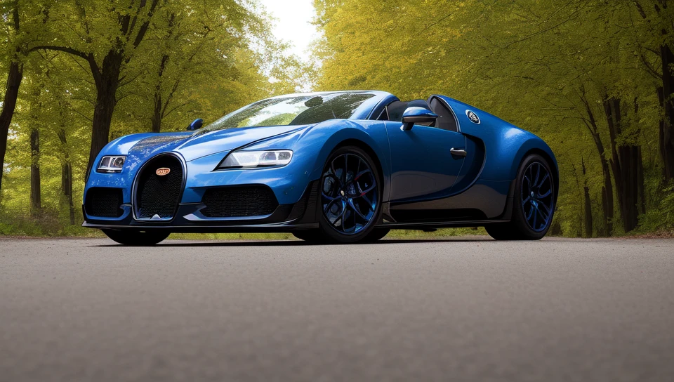 A close up of a blue bugatti car driving down a road - SeaArt AI