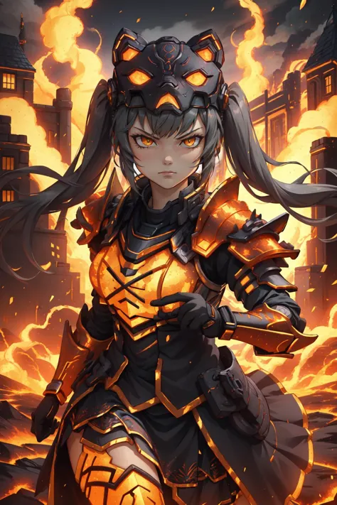 a woman in armor with a sword and fire in her hand