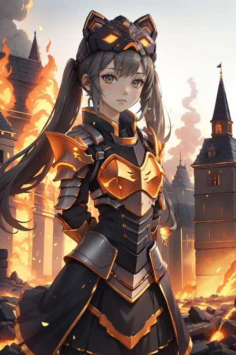 a woman in armor standing in front of a castle with flames