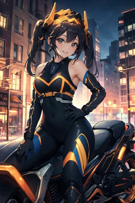 (masterpiece, best quality:1.2), intricate details, <lyco:GoodHands-beta2:1>, <lora:ygo_ip_masquerena-000014:1>, ip2, 1girl, headgear, bodysuit, bare shoulders, twintails, elbow gloves, light smile, motorcycle, riding