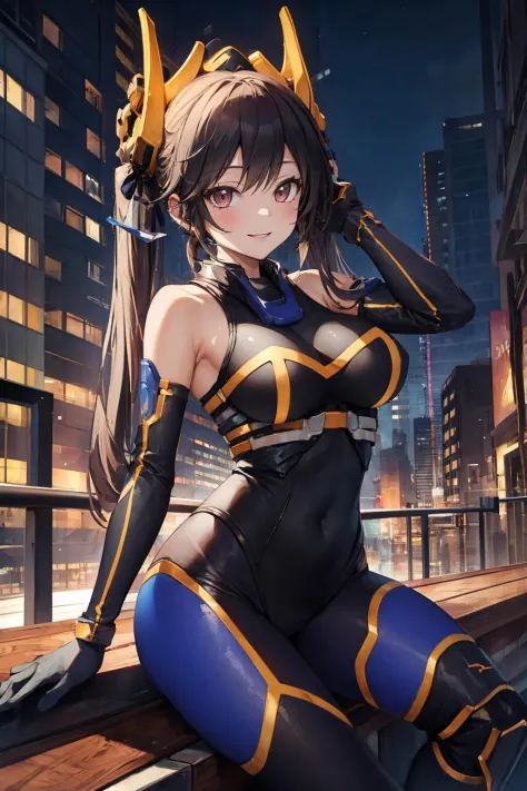 (masterpiece, best quality:1.2), intricate details, ip2, 1girl, headgear, bodysuit, bare shoulders, twintails, elbow gloves, light smile, mature female, large breasts