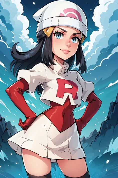 ((obra maestra, mejor calidad)),   dawn \(Pokémon\), uniforme del equipo cohete, chaqueta blanca, chaqueta corta, falda blanca, glare, sonrisa, sombreros blancos, gorro, guantes negros, guantes de codo, muslos negros, mano en la cadera, contrastado,