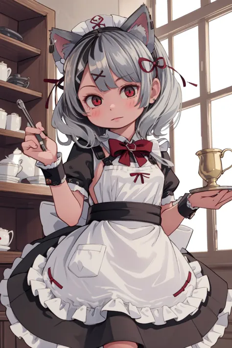 anime character of a maid with a cup and a teapot