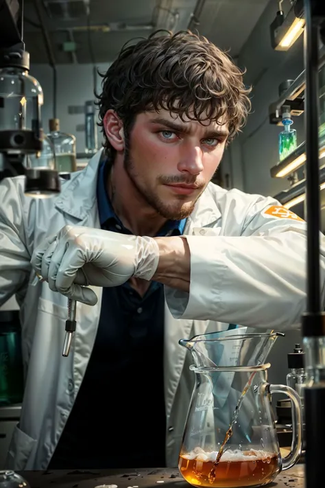 cowboy shot, sc_brandon as a scientist, biochemical laboratory, (wearing lab coat with long sleeves, polo shirt, white latex glo...