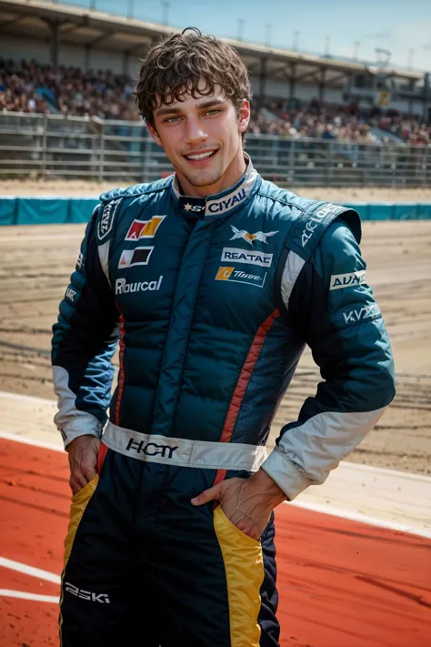 (from the front), cowboy shot, sc_brandon as a racer, formula one, (wearing racer attire), clean shaven, big smile, (still from ...