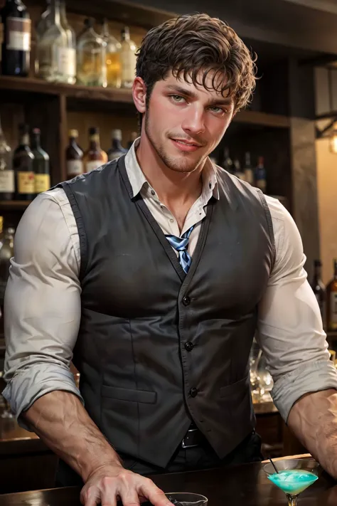 cowboy shot, sc_brandon as a bartender, high class bar, standing, shaking a drink, (wearing gray vest, tie, long sleeve shirt), ...