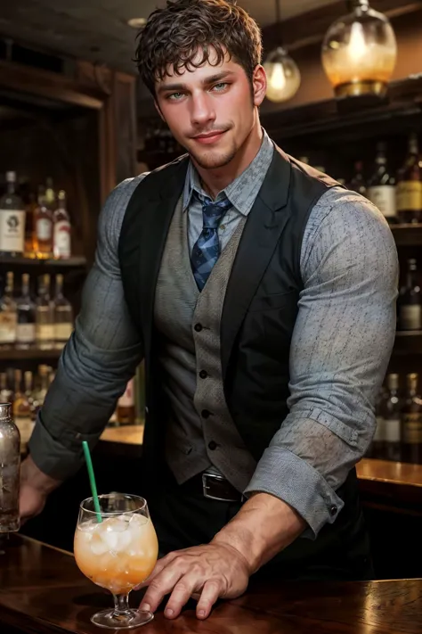 cowboy shot, sc_brandon as a bartender, high class bar, standing, shaking a drink, (wearing gray vest, tie, long sleeve shirt), ...