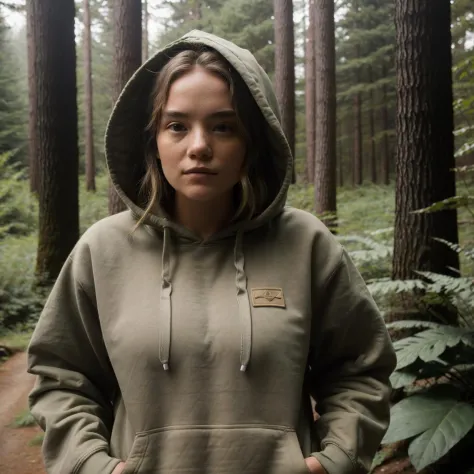 Photography, 22yo woman wearing a hoodie in a forest, lifelike skin texture, dirt, skin pores, cinematic lighting, beautiful, st...