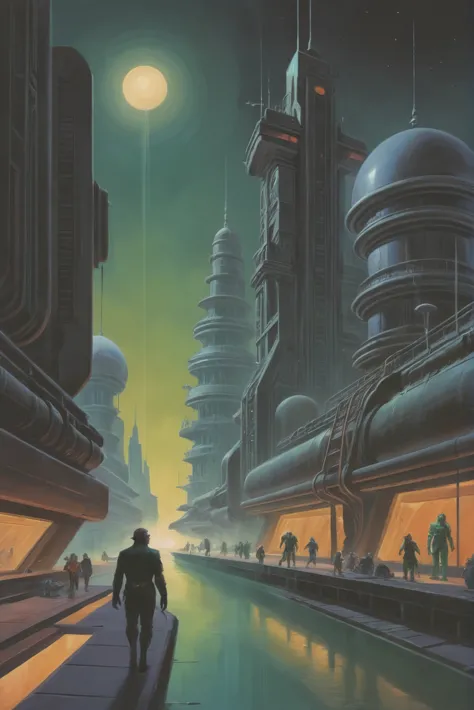 a painting of a man walking down a street in a futuristic city