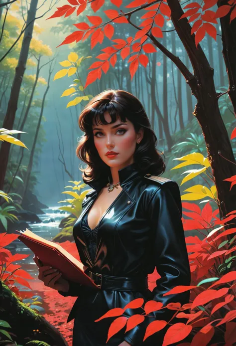 analog film photo of (synthwave 1980s pulp scifi book cover), Red Academia aesthetics, a portrait of a powerful Madeiran woman, a botanist with scarlet leaves swirling around her, as she treks through a dense gothic forest. Her worn satchel bulges with peculiar flora, each specimen meticulously labeled in a crimson leather notebook, vibrant colors, stunning background. dark and moody, a mesmerizing blend of light and shadow. masterpiece, absurdres, intricate details. <lora:envyStarlight1980sScifi_v10:0.8>, still from a 1970s sexploitation movie, faded film, desaturated, 35mm photo, grainy, vignette, vintage, Kodachrome, Lomography, stained, highly detailed, found footage