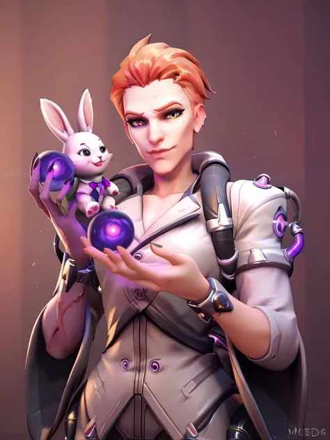 score_9, score_8_up, score_7_up,score_6_up,  2.5d,  highly detailed,1girl, medium shot,  moiraow2, moira (overwatch) ,heterochromia, purple arm, holding a bunny<lora:MoiraOW2-000035:.8>