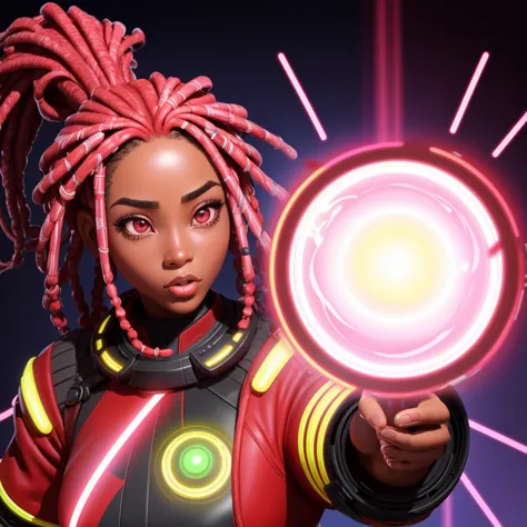 HDRI, black african woman, huge pink eyebrows and short dreadlocks, eyes glowing with electric energy,