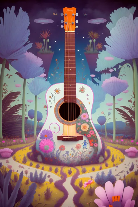 mindwarp , a painting of a guitar in a field of flowers and plants with a man playing the guitar in the background, Chris LaBroo...