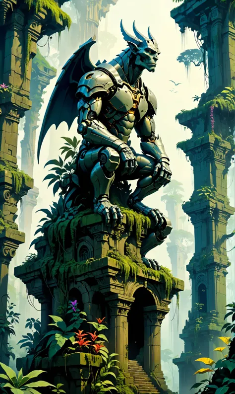 <lora:just_another_Cyborg_LoRa_SDXL:0.7> cyborg Gargoyle sentinel perched on ancient structures in Jungle canopy with sentient f...