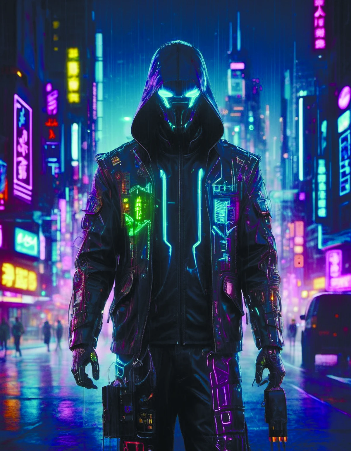 desenho digital de um personagem cyberpunk cidade neon à noite chuva ilustração digital cyberpukai teslapunkai por diegocr