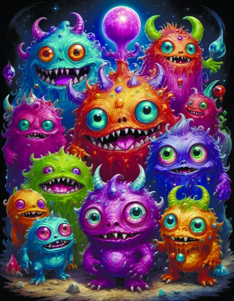 cute monsters,colorful,digital art,fantasy,magic,ultra detailed,professional illustration,chalk,poster artwork by Basil Gogos,cl...