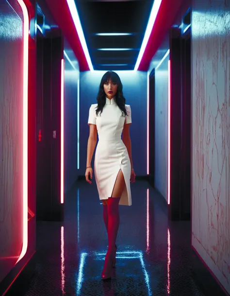 a woman in a white dress walking down a hall with red lights on the walls and a mirror behind her, Eve Ryder, unreal engine 5 re...
