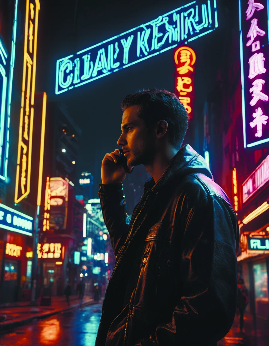 a man talking on a cell phone in a город at ночь with neon знакs and neon lights on the зданиеs, Альтикьеро, Унреальный движок 4к, скриншот, фотореализм, здание, город, городscape, Киберпанк, ночь, дорога, пейзаж, знак, небоскреб, уличный кинематографический, 35mm фильм, 35-мм фотография, фильм, фотореализм, зеркальная камера, 8к ухд, HDR, ультрадетализированный, высокое качество, высокий контраст,