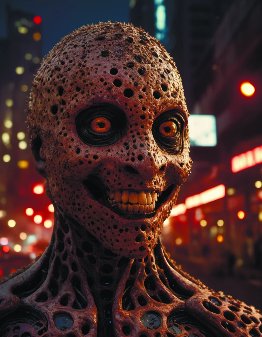 Hyperrealistic art RAW analog photo of humanoid neuraliisma organism, looking at viewer, big smile, lava skin, cyberpunk city at night on background (sharp focus, hyper detailed, highly intricate, physically based unbiased rendering), 